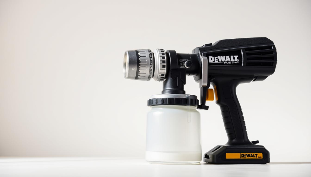 A well-lit, high-quality photograph of a DEWALT paint sprayer against a clean, neutral background. The sprayer is prominently featured in the center of the frame, showcasing its sleek, professional design with clear details of the nozzle, trigger, and control panel. The lighting is soft and natural, highlighting the metallic accents and creating a sense of depth and dimension. The angle is slightly elevated, providing a clear, unobstructed view of the sprayer's form and function. The overall mood is one of precision, efficiency, and the promise of a smooth, effortless painting experience.