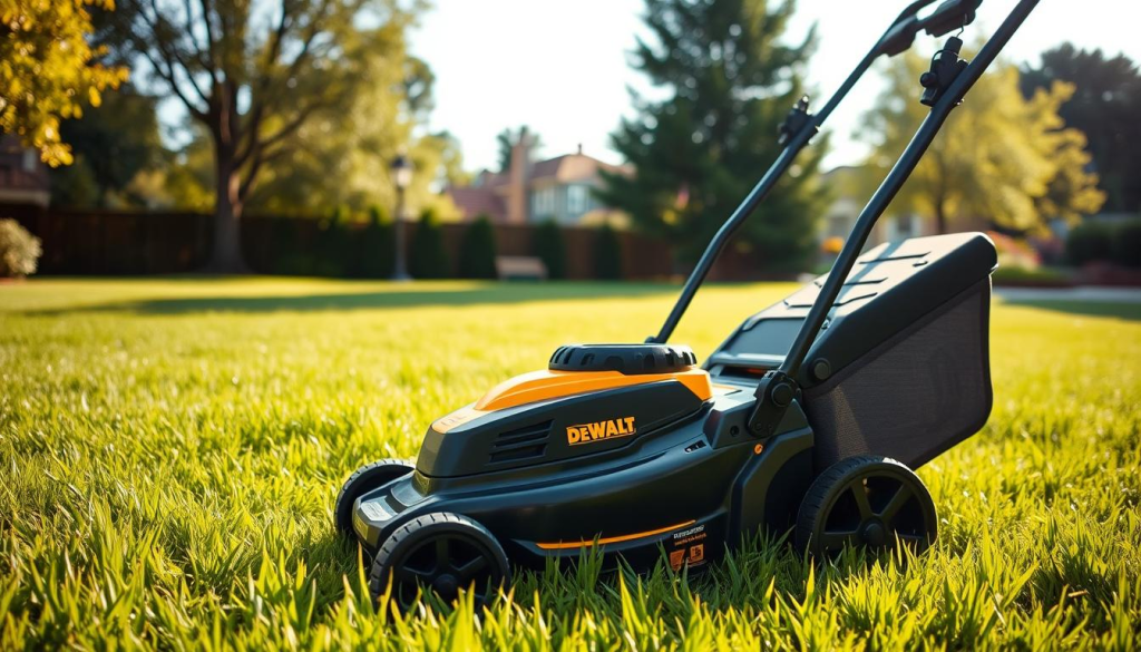 A well-lit, high-quality photograph of a DEWALT push mower in a lush, verdant lawn. The mower is positioned in the foreground, its sleek black and yellow design gleaming in the sunlight. The middle ground showcases the neatly trimmed grass, highlighting the mower's efficient cutting capabilities. In the background, a tranquil suburban setting with trees and houses provides a serene backdrop. The image conveys a sense of effortless lawn maintenance and the reliable performance of the DEWALT push mower.
