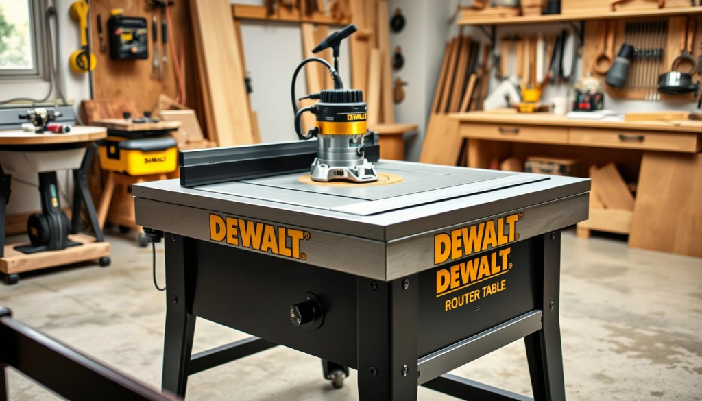 A well-lit, high-quality photograph of a DEWALT router table in a clean, modern workshop setting. The table is made of sturdy steel with a large flat work surface and features prominent DEWALT branding. The router is visible, integrated seamlessly into the table. The background showcases various woodworking tools and accessories, creating a professional, workshop-like atmosphere. The image is captured at a slight angle to showcase the table's design and functionality, with careful attention to lighting and composition to highlight the key features of the DEWALT router table.
