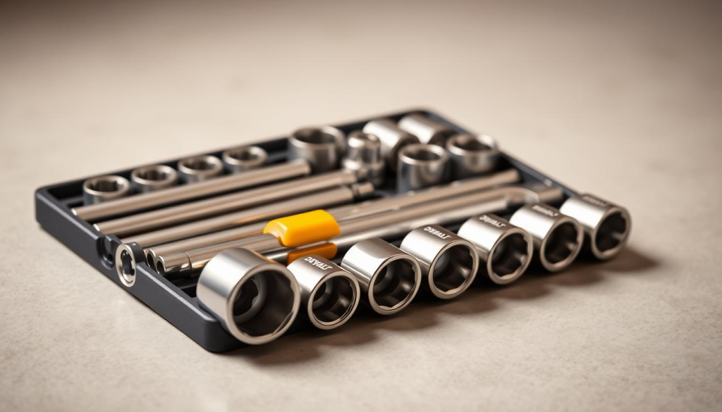 A well-lit, high-quality photograph of a DEWALT socket wrench set, arranged on a clean, neutral-colored surface. The set consists of various sized sockets in a range of metric and imperial measurements, neatly organized in a sturdy plastic or metal case. The sockets are made of durable chrome vanadium steel, with a satin finish and the DEWALT logo prominently displayed. The image should convey the reliability, precision, and versatility of the DEWALT socket set, highlighting its features such as the comfortable grip, easy-to-read size markings, and the overall premium construction. The lighting should be soft and diffused, creating a warm, professional atmosphere that showcases the product's quality and attention to detail.