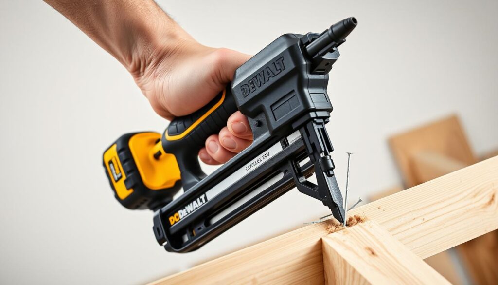 A well-lit, high-quality photograph of a DeWalt 20V cordless framing nailer in use. The nailer is firmly gripped by a person's hand, showcasing its powerful and ergonomic design. The nail is being driven into a wooden surface, with splinters and sawdust visible, capturing the performance and efficiency of the tool. The background is a clean, minimalist workshop setting, with a focus on the nailer's action and performance. The lighting is natural and evenly distributed, highlighting the tool's sleek black and yellow color scheme. The image conveys the sense of precision, control, and raw power that the DeWalt 20V framing nailer delivers.