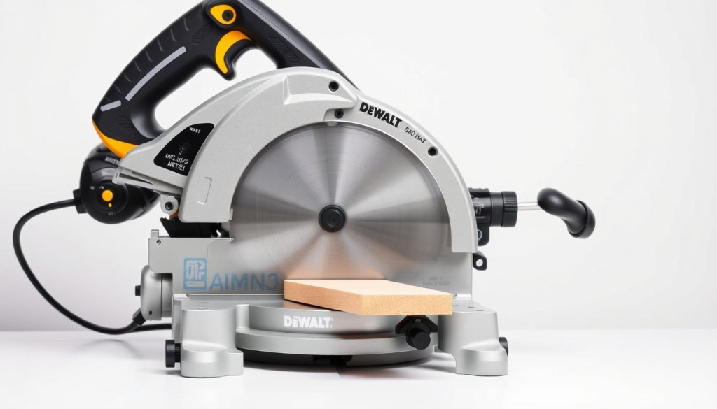 A well-lit, high-quality photograph of a DeWalt 7-1/4" miter saw set against a clean, white background. The saw is positioned at a slight angle, showcasing its precision-engineered body and blade. The blade is exposed, with a sharp, clean cut visible on a piece of wood placed in the saw's path. The saw's adjustable miter and bevel settings are clearly visible, highlighting its versatility for a variety of angled cuts. The overall scene conveys a sense of expert craftsmanship and attention to detail, reflecting the saw's ability to deliver precise, clean cuts for a wide range of woodworking projects.