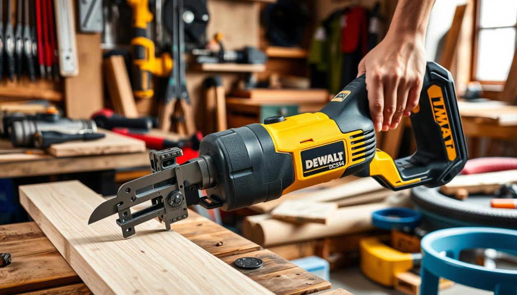 A well-lit, high-quality photograph of a Dewalt DCS354 cordless reciprocating saw in use, showcasing its versatility across various applications. The saw is being used to cut through different materials, such as wood, metal, and plastic, in a workshop or construction site setting. The foreground focuses on the saw's blade and action, with the middle ground displaying the user's hands and the saw's ergonomic design. The background features a variety of tools, equipment, and materials relevant to the saw's applications, creating a sense of depth and context. The overall composition emphasizes the saw's power, precision, and adaptability to a range of cutting tasks.