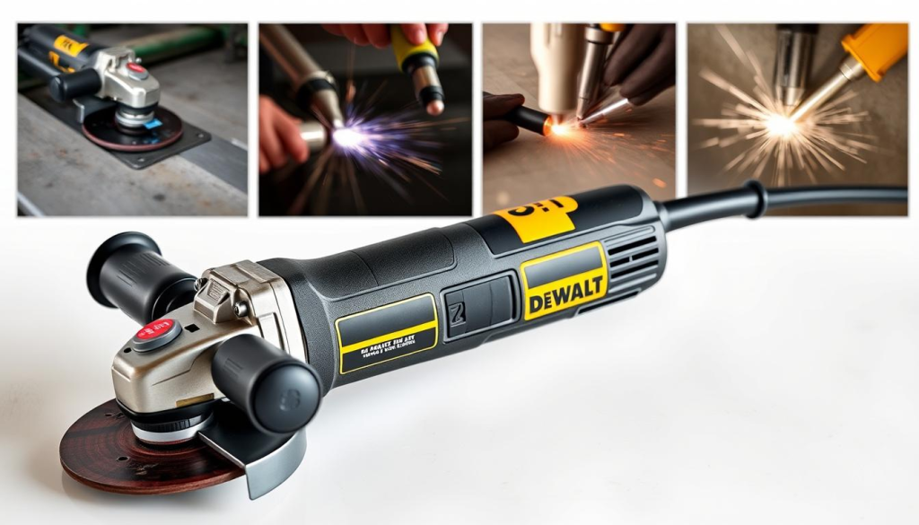 A well-lit, high-quality photograph of a Dewalt corded 4-1/2" angle grinder demonstrating various common applications. The grinder is shown in the foreground, with a clear focus on its sturdy construction and ergonomic design. In the middle ground, the grinder is depicted performing tasks such as metal grinding, weld cleanup, and abrasive cutting of thick materials. The background showcases a variety of workpieces and surfaces, highlighting the versatility of this powerful tool. The lighting is natural and diffused, creating a crisp, professional-looking image that accentuates the grinder's capabilities. The overall composition conveys the durability, precision, and wide-ranging utility of the Dewalt grinder for industrial, construction, and DIY applications.