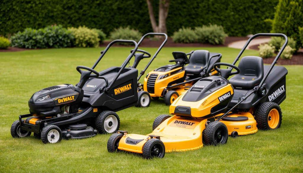 A well-lit, high-quality photograph of a collection of DEWALT lawn mowers showcased in a lush, green outdoor setting. The mowers are positioned prominently in the foreground, their sleek, black and yellow designs reflecting the brand's signature colors. The background features a neatly manicured lawn, with a few trees or landscaping elements providing a natural, serene backdrop. The lighting is soft and evenly distributed, accentuating the sharp lines and robust construction of the lawn mowers. The camera angle is slightly elevated, providing a clear, unobstructed view of the various DEWALT lawn mower models on display, capturing their power and versatility for outdoor yard work.