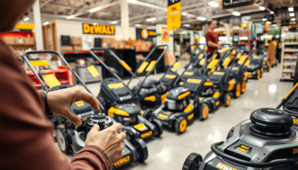 A well-lit, high-quality photograph of a person carefully examining and comparing various DEWALT push mower models in a home improvement store setting. The foreground shows the person's hands closely inspecting the features and controls of the mowers. The middle ground displays several DEWALT push mower models, each showcasing their distinct designs and capabilities. The background depicts the store's shelving, aisles, and other relevant retail details to establish the context. The overall scene conveys a sense of thoughtful consideration and decision-making as the person evaluates the DEWALT push mower options to make the best choice for their lawn care needs.