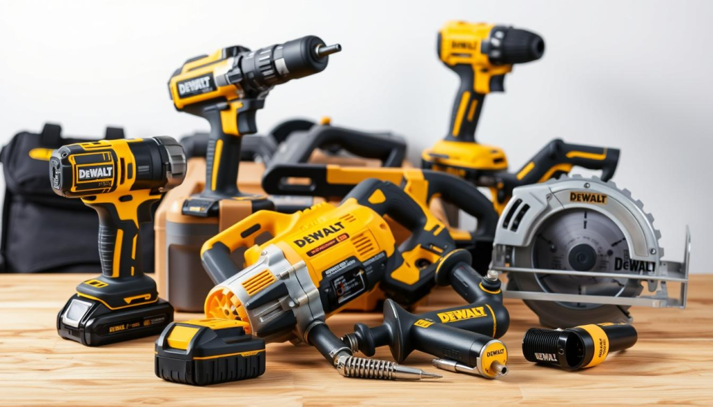 A well-lit, high-quality photograph of a variety of discounted DEWALT power tools and hand tools, including a cordless drill, reciprocating saw, and circular saw, arranged on a wooden surface with a clean, uncluttered background. The tools should be displayed in an organized, visually appealing manner, highlighting their robust construction and professional-grade features. The image should convey a sense of quality, value, and the benefits of shopping at the DEWALT Outlet for significant savings on top-of-the-line tools.