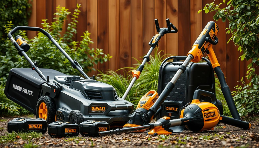 A well-lit, high-quality photograph of an assortment of DEWALT garden tools and equipment, including a cordless lawn mower, a string trimmer, and a leaf blower, arranged in a natural outdoor setting with lush greenery and a wooden background. The tools should be showcased in a way that highlights their durability, power, and suitability for tackling a variety of outdoor tasks. The lighting should be soft and warm, creating a sense of quality and reliability. The composition should be visually appealing, with the tools arranged in a way that draws the viewer's attention to their key features.