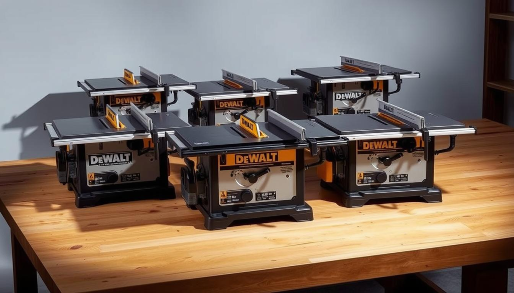 A well-lit, high-quality photograph of several DEWALT table saw models, prominently displayed on a wooden surface. The saws are arranged in a visually appealing composition, showcasing their sturdy construction, advanced features, and sleek design. The lighting creates dynamic shadows and highlights the saws' metallic accents, giving the image a professional, studio-like feel. The background is slightly blurred, keeping the focus on the table saws and creating a sense of depth. The overall atmosphere conveys a sense of quality, reliability, and customer satisfaction, reflecting the subject of the article's "Customer Reviews and Testimonials" section.