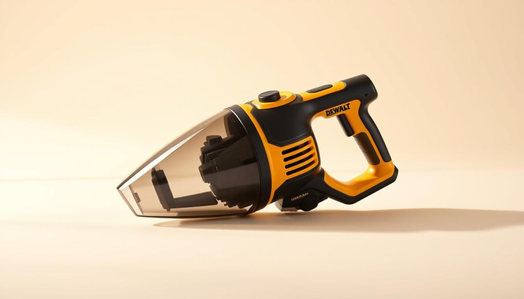 A well-lit, high-quality photograph of the DEWALT handheld vacuum set against a clean, neutral background. The vacuum should be prominently displayed in the center of the frame, showcasing its sleek, modern design with clear visibility of its various features and components. Capture the vacuum at an angle that highlights its ergonomic grip and user-friendly controls. Utilize natural lighting or a soft, diffused lighting setup to create a crisp, professional-looking image that emphasizes the vacuum's durability and power. The overall composition should convey a sense of practicality and efficiency, reflecting the vacuum's suitability for everyday portable cleaning tasks.