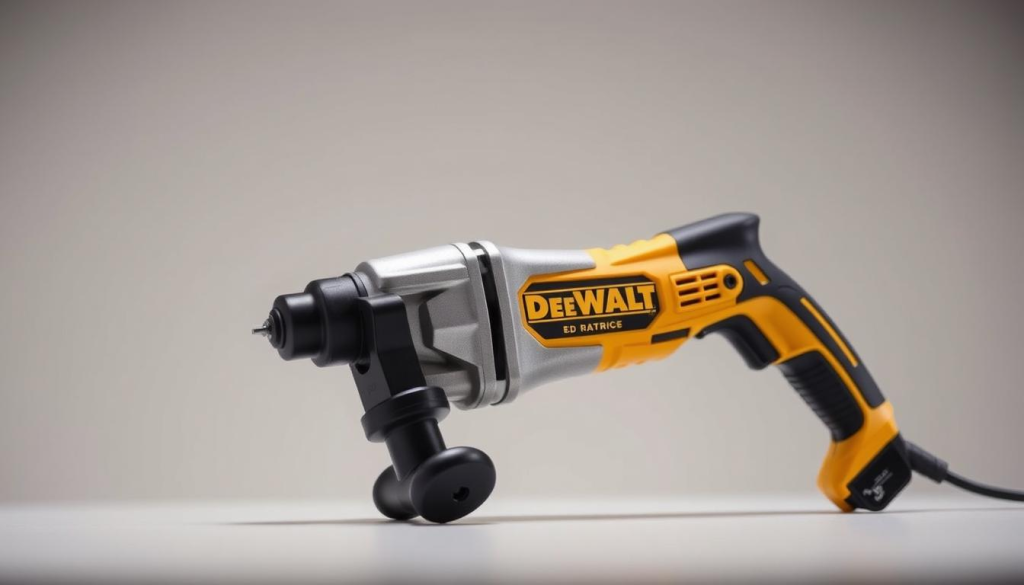 A well-lit, high-quality photograph of the best Dewalt electric ratchet, showcased against a clean, neutral background. The ratchet is positioned at a slight angle, highlighting its sleek, ergonomic design and the powerful Dewalt branding. The image captures the essential details of the tool, including its durable metal construction, compact size, and user-friendly controls. The lighting emphasizes the tool's shiny, high-quality finish, and the depth of field creates a sense of depth and dimensionality. The overall mood is professional, highlighting the ratchet's impressive capabilities and suitability for use in a variety of industrial and automotive applications.