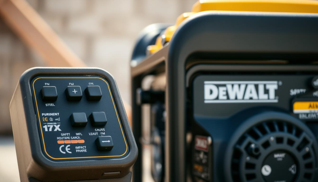 A well-lit, high-quality photograph showcasing the safety features of a DEWALT generator. In the foreground, the generator's control panel is prominently displayed, highlighting the intuitive layout and clear labeling of the various switches, buttons, and indicators. The middle ground features a close-up view of the generator's rugged construction, emphasizing the durable steel frame and impact-resistant housing. In the background, a subtle depth of field reveals the generator's overall compact and portable design, underscoring its versatility. The scene is illuminated by natural daylight, creating a crisp, clean, and professional aesthetic that effectively communicates the generator's safety, reliability, and attention to detail.