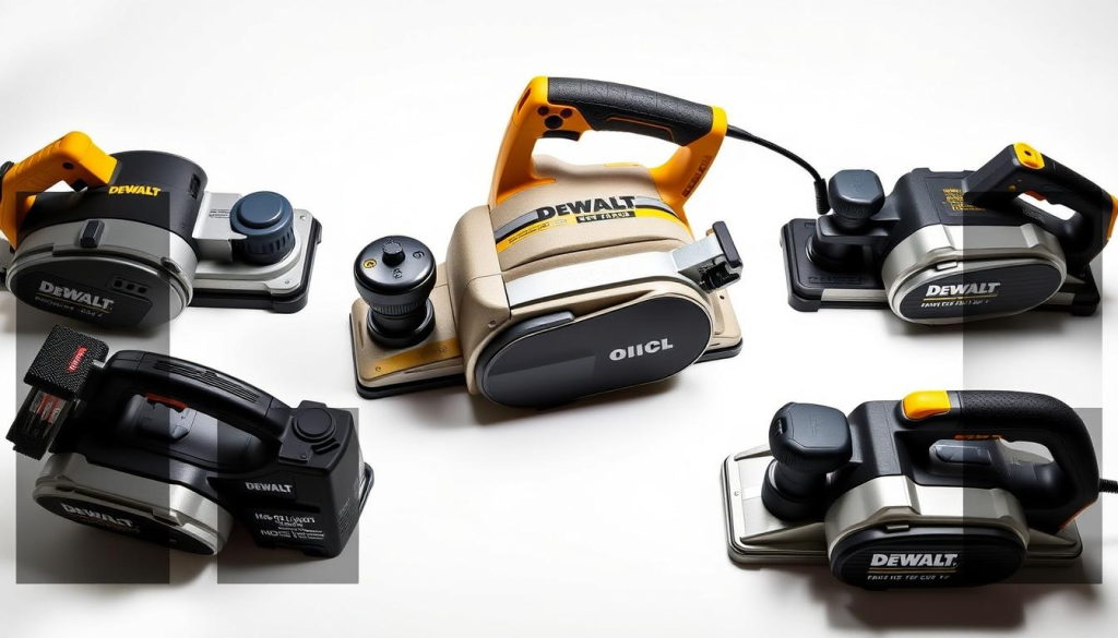 A well-lit, high-quality product comparison image showcasing the Dewalt 735x planer alongside its key competitors. The Dewalt 735x takes center stage, its sleek, durable design highlighted by soft, directional lighting that accentuates its metal components and controls. The competing planers are arranged neatly around it, allowing for easy side-by-side comparison of key features such as blade width, depth of cut, and mobile base options. The image has a clean, professional aesthetic, with a white or light-colored background that allows the tools to stand out. The overall composition creates a sense of balance and invites the viewer to closely examine the technical specifications and performance capabilities of each planer.