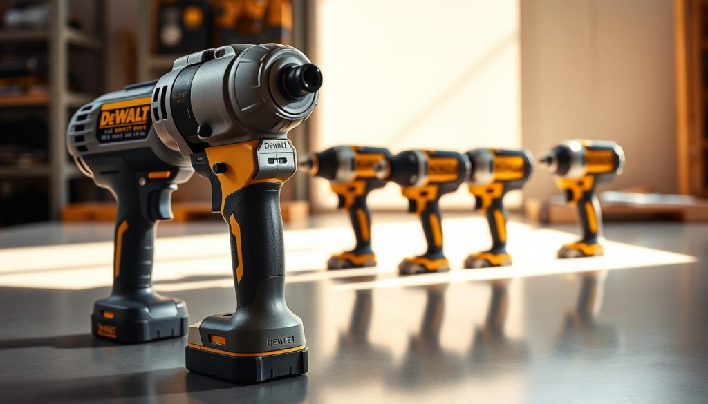 A well-lit, high-quality product comparison image showcasing various DeWalt impact wrenches from different angles. The foreground features the latest 1/2" impact wrench model, its sleek design and robust metal construction prominently displayed. In the middle ground, other DeWalt impact wrenches of different sizes and styles are arranged for side-by-side comparison, allowing viewers to assess the differences in size, power, and features. The background provides a clean, uncluttered workspace setting, with subtle reflections on a smooth surface to enhance the sense of depth and quality. Warm, natural lighting illuminates the tools, bringing out their metallic textures and highlighting the attention to detail in their engineering.