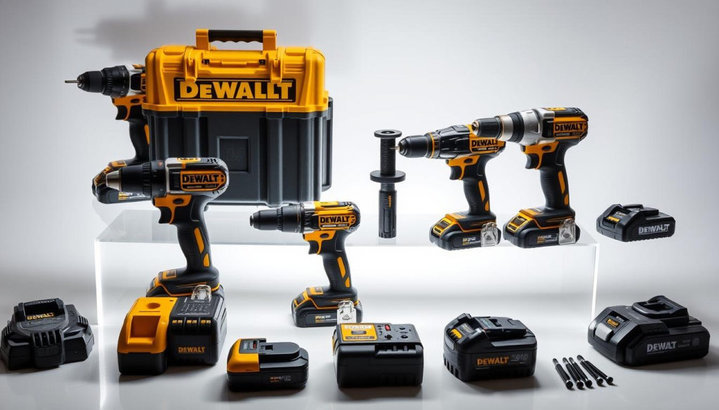 A well-lit, high-quality product shot of a DEWALT 20V cordless power tool combo kit, showcasing the various power tools and accessories included. The kit is displayed on a clean, minimalist background, allowing the tools to take center stage. The lighting accentuates the sleek, modern design of the tools, highlighting their sturdy construction and high-performance capabilities. The composition is balanced, with the tools arranged in an organized, visually appealing manner. The image conveys a sense of professionalism, quality, and the versatility of the DEWALT 20V cordless power tool system.