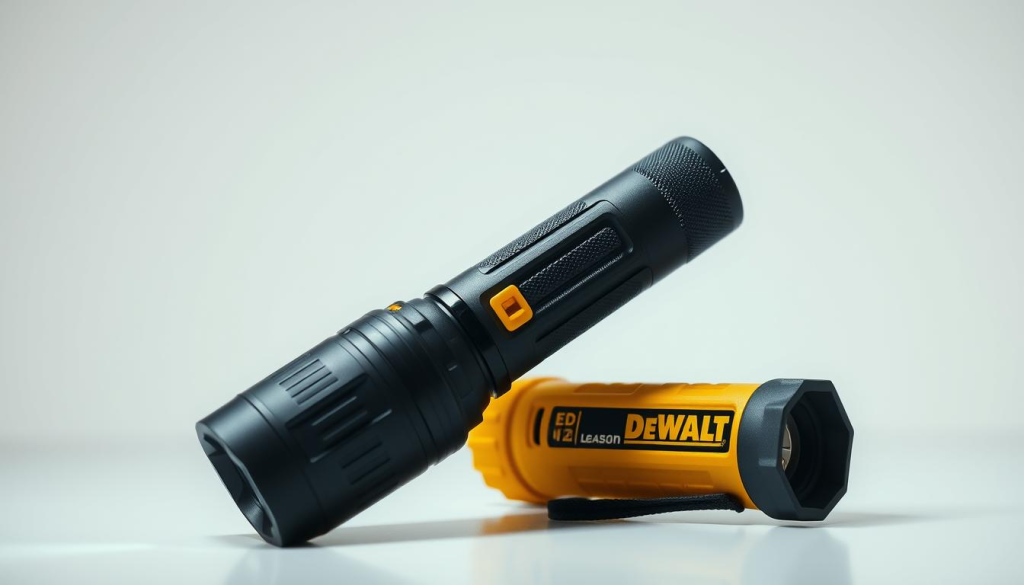 A well-lit, high-quality product shot of a DEWALT LED flashlight prominently displayed on a clean, uncluttered surface. The flashlight is positioned at a slight angle, showcasing its rugged, industrial design with a focus on the heavy-duty, textured grip and durable, impact-resistant casing. The lighting is designed to accentuate the flashlight's key features, such as the powerful beam and intuitive controls. The background is a neutral, soft-focus setting that allows the flashlight to be the central focus of the image, conveying a sense of quality, reliability, and professionalism.