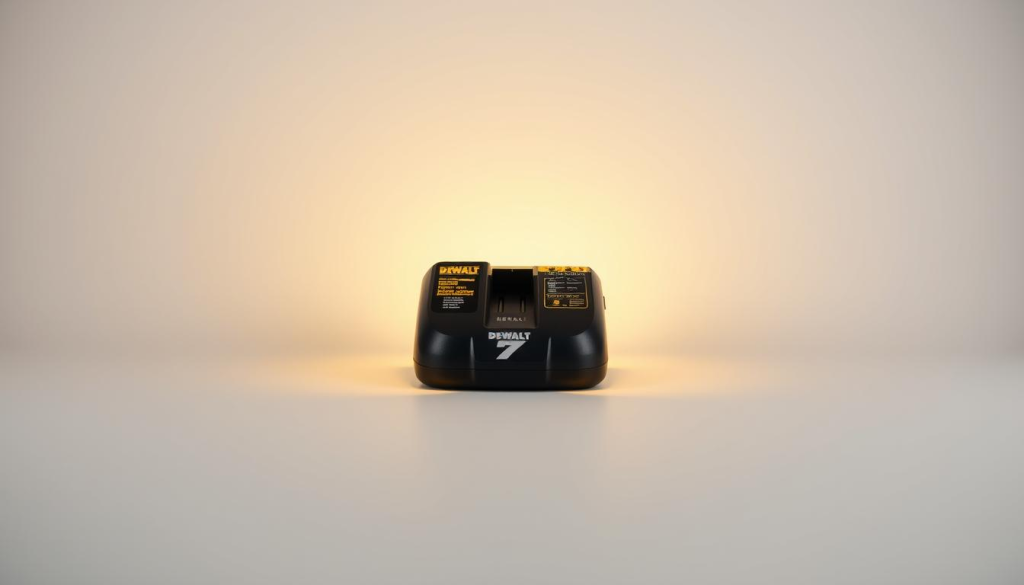 A well-lit, high-quality product shot of a DEWALT multi-charger station set against a clean, white background. The charger is placed in the center, taking up the majority of the frame, with a slight angle to showcase its various ports and features. The charger is surrounded by a subtle glow, highlighting its sleek, modern design. The lighting is soft and diffused, creating a sense of depth and dimension. The overall mood is professional, showcasing the charger's reliable and efficient performance.