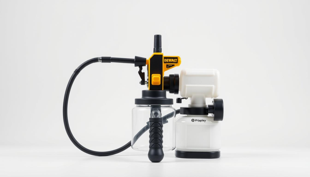 A well-lit, high-quality product shot of a DEWALT sprayer, showcasing its key features in a clean, minimalist studio setting. The sprayer is prominently displayed in the center, with a sharp focus on its ergonomic handle, adjustable spray pattern nozzle, and large transparent paint container. The background is a simple white or light gray seamless backdrop, allowing the sprayer's sleek black and yellow design to stand out. Subtle reflections and shadows add depth and dimension, while directional lighting casts an even, flattering glow across the entire composition. The overall aesthetic is professional, highlighting the sprayer's durability, precision, and suitability for a wide range of painting projects.