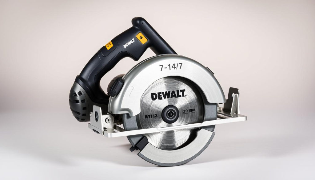 A well-lit, high-quality product shot of a DeWalt 7-1/4" circular saw, showcased on a clean, neutral background. The saw is positioned at a slight angle, capturing its sleek design and key features in sharp detail. Subtle reflections on the metallic components convey a sense of quality and craftsmanship. The image highlights the saw's robust build, ergonomic handle, and safety guard, presenting it as a reliable, professional-grade cutting tool. The overall composition and lighting create a mood of confidence and practicality, suitable for a customer review section of an article about this power tool.