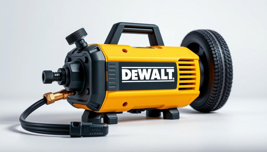 A well-lit, high-quality product shot of the DEWALT inflator, showcasing its sleek and rugged design. The inflator is positioned in the center of the frame, capturing its various ports, dials, and accessories in crisp detail. The background is a clean, neutral studio setting, allowing the product to take center stage. Subtle highlights and shadows accentuate the inflator's form, conveying a sense of quality and durability. The overall mood is professional and informative, suitable for a user review section of an article on DEWALT Hedge Trimmer Attachments.
