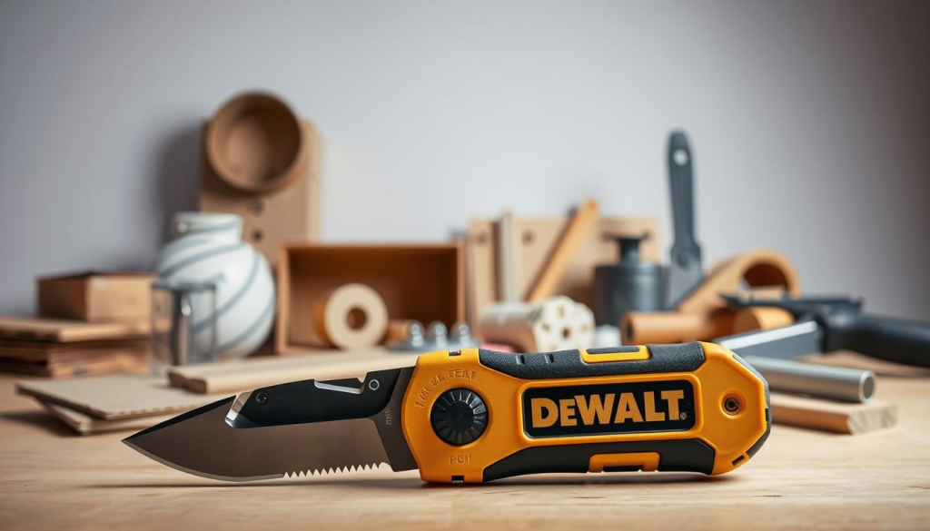 A well-lit, high-quality still life image showcasing the benefits of a DEWALT utility knife. In the foreground, the knife is prominently displayed, its sharp blade and ergonomic handle highlighted by soft, directional lighting. The middle ground features a selection of common household and workshop objects, demonstrating the versatility of the tool - cutting through cardboard, trimming insulation, scoring drywall, and more. The background is a clean, neutral setting, allowing the subject to be the focal point. The overall mood is professional, practical, and informative, conveying the reliability and usefulness of the DEWALT utility knife.