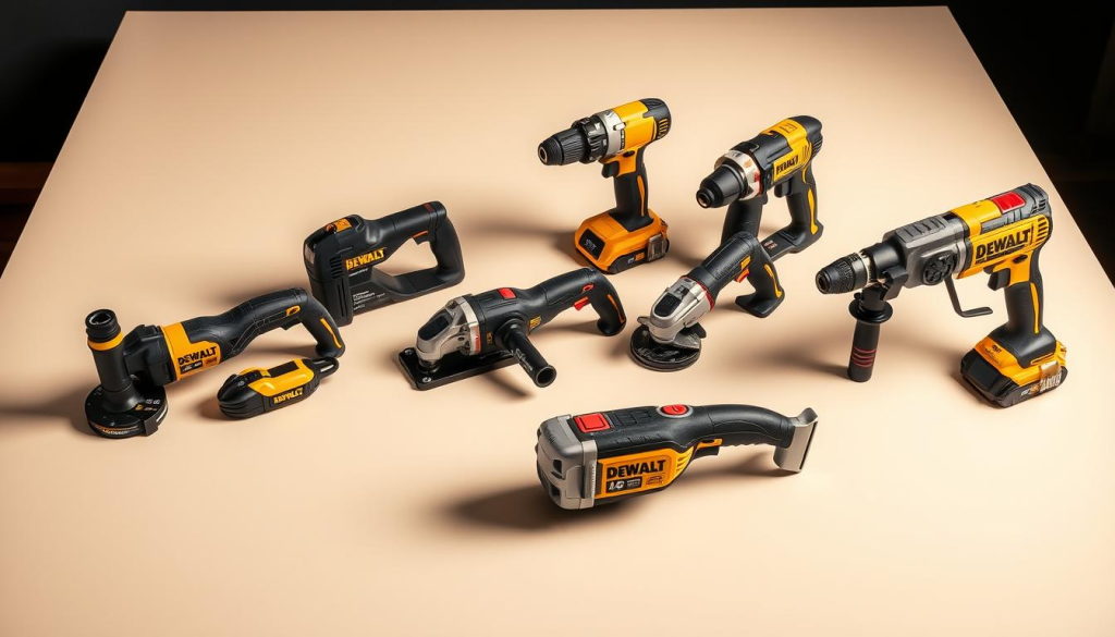 A well-lit, high-quality still life scene featuring a lineup of DEWALT rotary tool models. The tools are displayed on a clean, neutral-colored tabletop, arranged in an orderly, visually appealing manner. Carefully chosen angles and perspectives showcase the unique designs and features of each model, from the compact and versatile rotary multi-tool to the more powerful and specialized rotary hammer drill. Soft, directional lighting casts subtle shadows, enhancing the three-dimensional form and texture of the tools. The overall mood is professional, showcasing the tools' quality, durability, and suitability for a wide range of DIY projects.