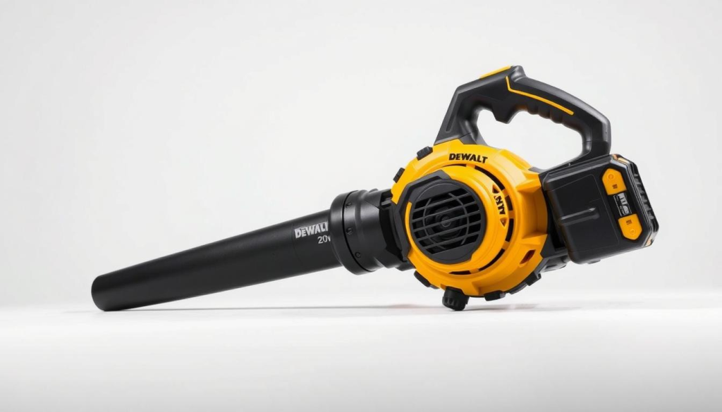 A well-lit, high-quality studio photograph of a DEWALT 20V cordless leaf blower positioned on a plain white background. The blower is captured at a slight angle, showcasing its sleek and modern design, with a clear view of the battery and air intake vents. The lighting is soft and diffused, highlighting the tool's durable construction and premium finish. The image conveys a sense of power, efficiency, and value, aligning with the "Pricing and Value Assessment" section of the article.