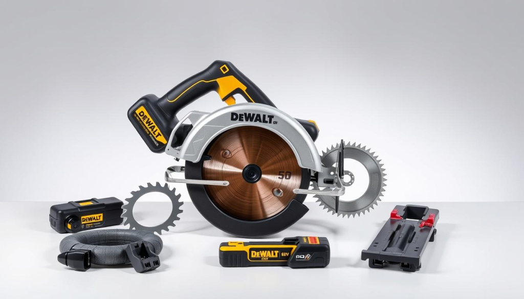 A well-lit, high-quality studio photograph of a DEWALT 60V circular saw surrounded by its accessories, including a saw blade, a dust collection attachment, a blade guard, and a rip fence. The saw and accessories are arranged on a clean, uncluttered surface against a plain background, showcasing their sleek, modern design and emphasizing their compatibility. The lighting is balanced, with soft shadows highlighting the textures and details of the tools. The camera angle is slightly elevated, providing a clear, comprehensive view of the ensemble. The overall mood is professional, highlighting the quality and versatility of the DEWALT 60V circular saw and its accessories.