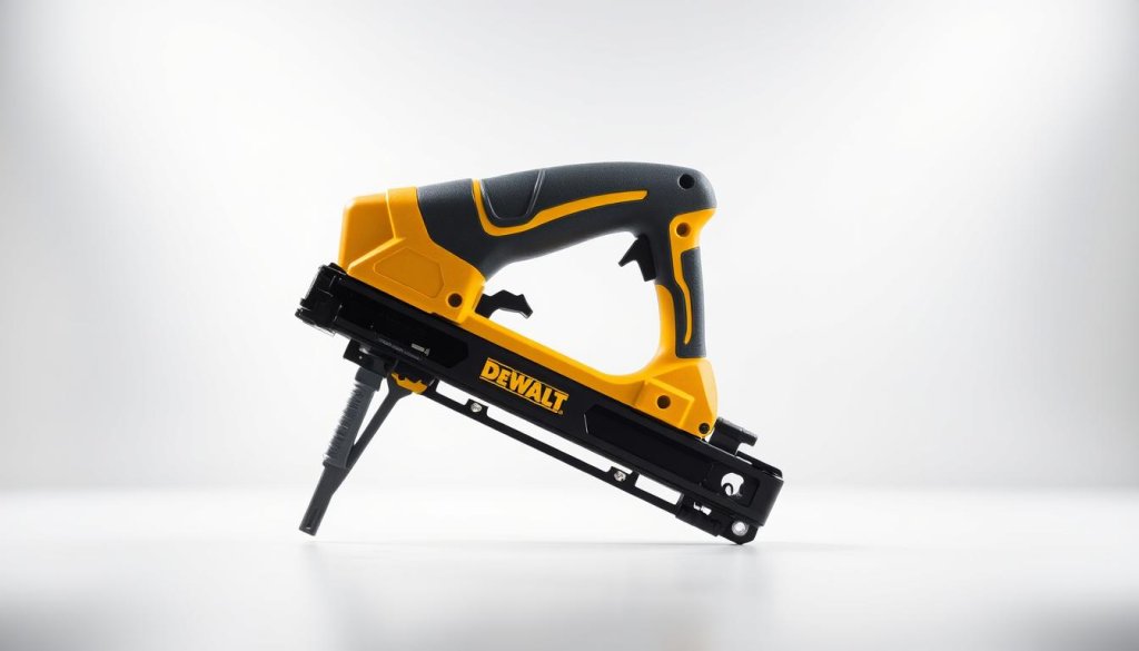 A well-lit, high-quality studio photograph of a DEWALT Fence Stapler. The stapler is positioned prominently in the center of the frame, showcasing its key features in clear, crisp detail. The stapler is presented against a clean, neutral background, allowing its design and functionality to be the focal point. Bright, directional lighting highlights the tool's sturdy construction, ergonomic grip, and sleek finish. The camera angle is slightly elevated to provide an optimal view of the stapler's key components, including the magazine, trigger, and nose. The image conveys a sense of quality, precision, and professional-grade performance, reflecting the premium nature of the DEWALT brand.