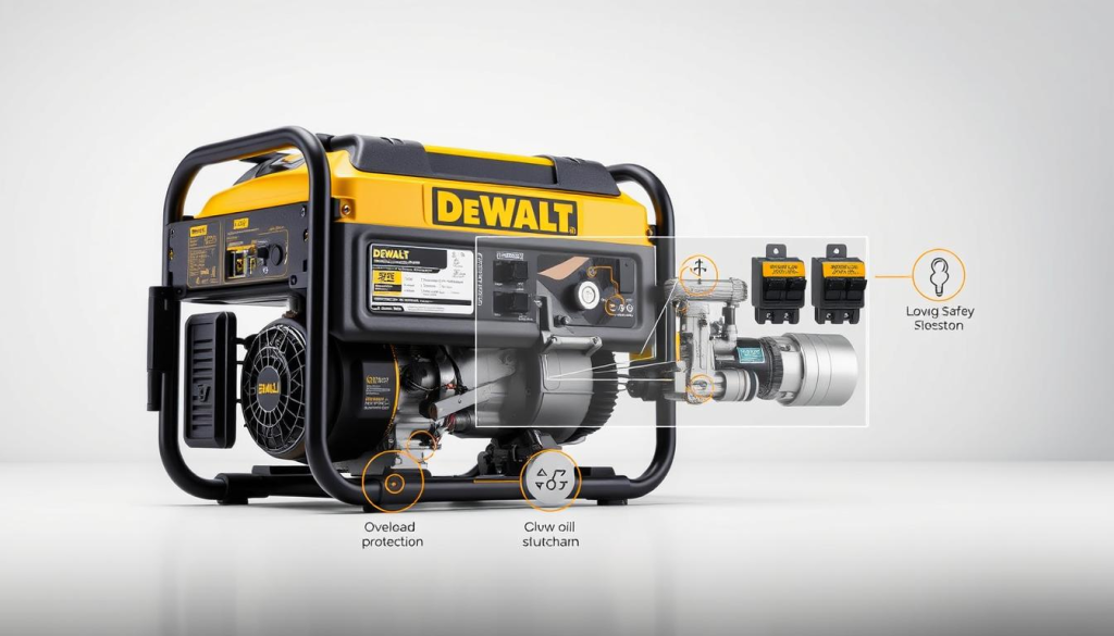 A well-lit, high-quality studio photograph of a DEWALT generator showcasing its key safety features. The generator is positioned prominently in the center, with a clean, white background. In the foreground, various safety icons and labels are clearly visible, highlighting features such as overload protection, low oil shutdown, and circuit breakers. The mid-ground includes a cutaway view revealing the generator's internal components and safety mechanisms. The background features a subtle grid pattern, conveying a sense of technical precision. The overall mood is professional, informative, and reassuring, emphasizing DEWALT's commitment to safety and reliability.