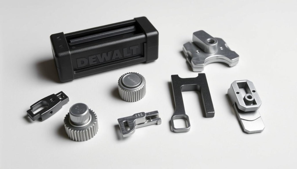 A well-lit, high-quality studio photograph of an assortment of DEWALT framing nailer accessories, including a nail magazine, a depth adjustment knob, a quick-release latch, and a safety mechanism. The accessories are arranged neatly on a neutral-colored background, showcasing their functional design and attention to detail. The lighting is soft and diffused, accentuating the metallic finishes and textures of the accessories. The camera angle is slightly elevated to provide a clear, unobstructed view of the products. The overall mood is one of professionalism, highlighting the reliability and versatility of these essential DEWALT framing nailer accessories.