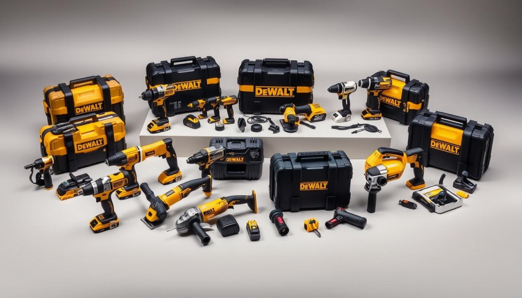 A well-lit, high-quality studio photograph of an assortment of DEWALT power tool combo kits, showcasing a variety of models with different tool combinations. The kits are arranged neatly on a clean, neutral-colored background, with the tools themselves prominently displayed. The lighting is soft and diffused, highlighting the sleek, sturdy design of the tools. The image conveys a sense of professionalism and quality, reflecting the reputation of the DEWALT brand. The composition is balanced, with the tools taking up the majority of the frame, allowing the viewer to clearly see the different configurations and accessories included in each kit.