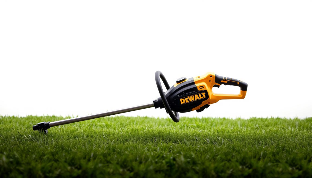 A well-lit, high-quality studio photograph showcasing a DEWALT string trimmer against a clean, minimalist background. The trimmer is positioned in the foreground, its sleek and durable design prominently displayed. The middle ground features a lush, manicured lawn, hinting at the trimmer's powerful performance. The background subtly suggests an outdoor setting, perhaps with a touch of greenery or natural elements to complement the tool's rugged, professional aesthetic. The lighting is soft and even, accentuating the trimmer's details and creating a sense of depth and dimension. The overall composition is balanced and visually appealing, capturing the essence of a reliable, high-performance DEWALT string trimmer.