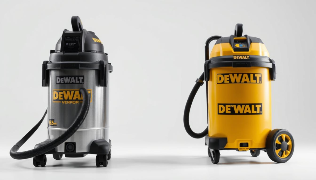 A well-lit, high-quality studio photograph showcasing a side-by-side comparison of a DEWALT wet/dry vacuum and a competing brand's model. The DEWALT unit is prominently displayed in the foreground, its sturdy construction and powerful 6.5 peak HP motor clearly visible. The competing model is positioned slightly behind, allowing for a direct visual comparison of size, design, and key features. The image is captured at a slight angle, emphasizing the robust, professional-grade aesthetic of the DEWALT vacuum. The background is a clean, neutral studio setting, placing the focus entirely on the two vacuums and their distinguishing characteristics.
