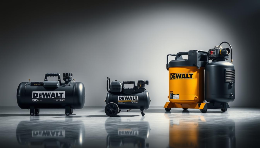 A well-lit, high-quality studio photograph showcasing three DEWALT air compressors in a side-by-side comparison. The compressors are positioned on a sleek, reflective surface, allowing for a clear view of their distinct designs and features. The foreground features the 80-gallon model, prominently displayed and illuminated to highlight its robust build and impressive air capacity. The middle ground includes a smaller, portable DEWALT compressor, emphasizing its compact size and mobility. In the background, a larger industrial-grade DEWALT compressor stands tall, conveying its power and suitability for demanding workshop environments. The lighting is soft and directional, creating depth and texture, while the camera angle provides an optimal perspective to appreciate the comparative size, shape, and functionality of the three models.