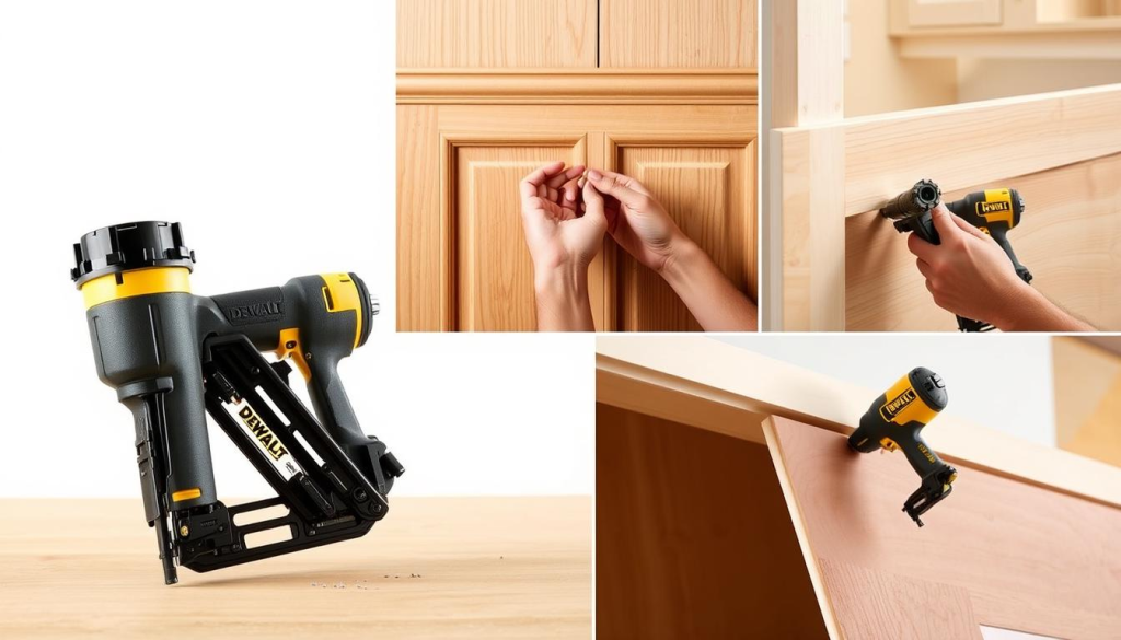 A well-lit, high-quality studio photograph showcasing various applications of the Dewalt 16 Gauge Finish Nailer. In the foreground, the nailer is securely gripping and accurately driving finish nails into delicate molding and trim work. The middle ground features the nailer securing wood paneling to a wall, while the background depicts the nailer seamlessly joining pieces of thin plywood for a cabinet project. The image captures the tool's versatility, precision, and ability to handle a wide range of finish carpentry tasks with ease, reinforcing its suitability as a versatile nailing solution.