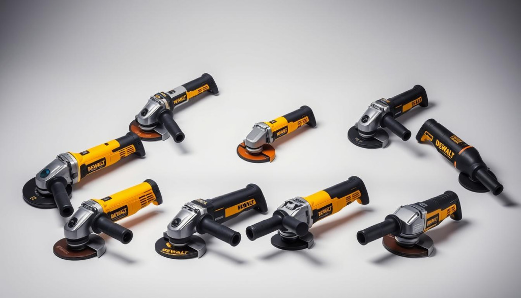 A well-lit, high-quality studio shot of an assortment of DEWALT die grinder models laid out in a visually appealing arrangement. The grinders are showcased against a clean, neutral background that allows their distinctive features and designs to stand out. The lighting is soft and diffused, creating a professional, product-focused atmosphere. The models are angled and positioned to provide a clear, comparative view of their size, shape, and key specifications. The overall composition is balanced and aesthetically pleasing, drawing the viewer's attention to the diverse range of DEWALT die grinder options.