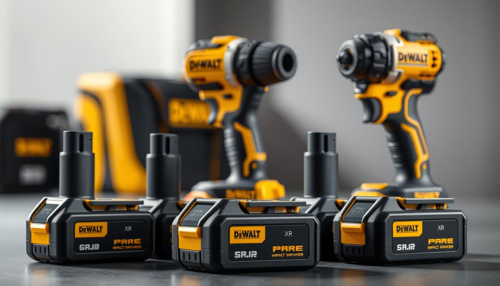 A well-lit, high-quality studio shot of an assortment of DeWalt XR impact driver batteries. The batteries are arranged in the foreground, showcasing their sleek, modern designs and prominent DeWalt branding. The middle ground features the impact driver itself, highlighting its sturdy construction and ergonomic grip. The background is softly blurred, creating a sense of depth and focus on the batteries. The overall scene conveys a professional, technical vibe, suitable for showcasing the recommended accessories for the powerful DeWalt XR impact driver.