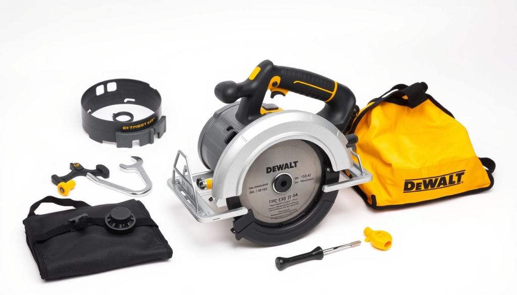 A well-lit, high-quality studio shot of an assortment of DeWalt circular saw accessories, including a blade guard, blade wrench, blade clamp, bevel adjustment knob, depth adjustment lever, and dust collection bag, all arranged neatly on a clean, white background, showcasing the various tools and attachments that complement the DeWalt 7-1/4" circular saw, creating a cohesive and visually appealing display to illustrate the essential accessories that enhance the functionality and versatility of this reliable cutting tool.