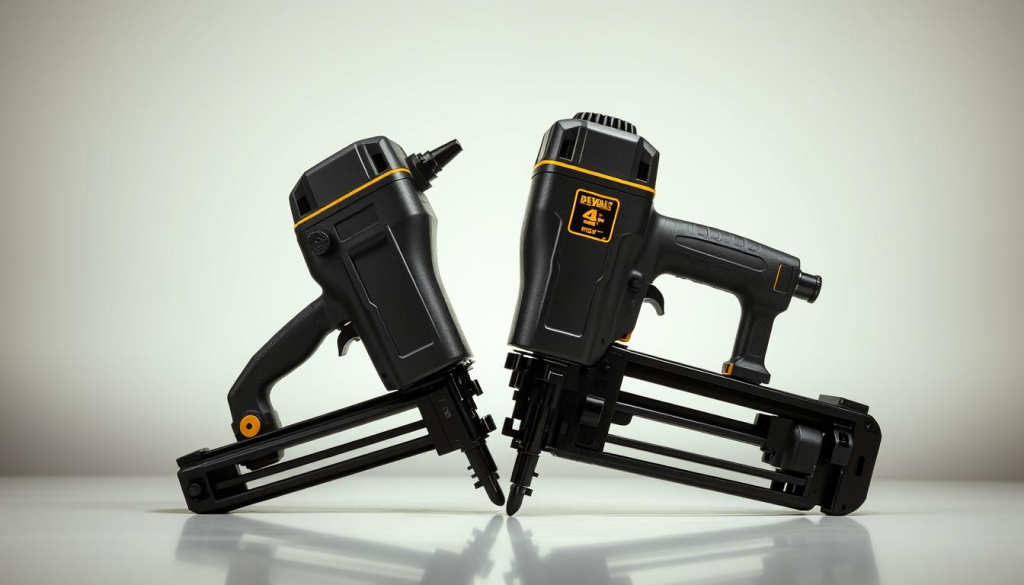 A well-lit, high-quality studio shot of two DEWALT rivet guns placed side-by-side on a clean, reflective surface. The guns are shown in profile, highlighting their distinct ergonomic designs and feature sets. The lighting is soft and diffused, creating subtle shadows that accentuate the tools' textures and details. The background is a neutral, slightly blurred backdrop that allows the rivet guns to be the focal point. The overall composition is balanced and visually appealing, showcasing the durability, precision, and versatility of these DEWALT tools for metalwork applications.