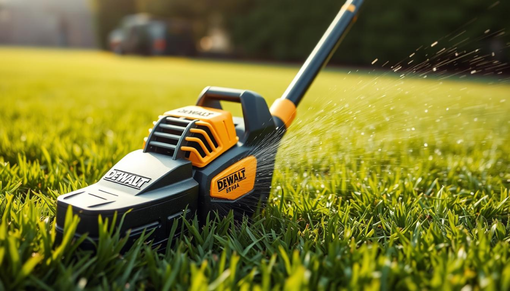 A well-lit, high-resolution close-up image of a DEWALT edge trimmer in action, effortlessly slicing through a lush green lawn. The trimmer's powerful motor and precision blade are clearly visible, kicking up a fine mist of grass clippings. The user's hands are gripping the ergonomic handles, showcasing the trimmer's excellent balance and control. The background is blurred, drawing the viewer's focus to the trimmer's impressive performance as it trims the lawn's edge with clean, confident cuts. The overall scene conveys a sense of efficiency, power, and pristine lawn care.