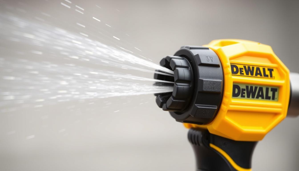 A well-lit, high-resolution close-up image of a DeWalt pressure washer nozzle, showcasing its various attachments and spray patterns. The nozzle is prominently featured in the foreground, with a clean, minimalist background that allows the product details to stand out. The image captures the nozzle's sturdy construction, adjustable settings, and the range of cleaning solutions it can handle, highlighting its versatility and effectiveness for outdoor cleaning tasks.