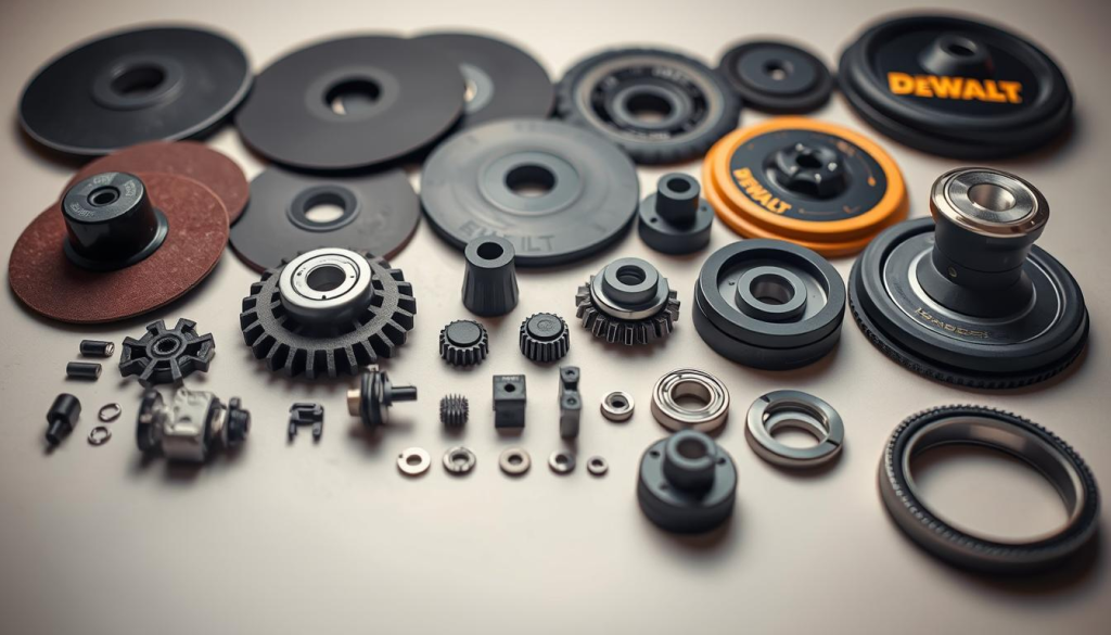 A well-lit, high-resolution close-up image of a neatly organized collection of DeWalt orbital sander repair parts, including replacement sanding discs, gear sets, switches, bearings, and other essential components. The parts are displayed on a clean, neutral-colored surface, allowing their quality and intricate design details to be clearly visible. The lighting is soft and diffused, creating a sense of professionalism and attention to detail. The overall composition emphasizes the importance of using genuine, high-quality parts to maintain the performance and longevity of a DeWalt orbital sander.