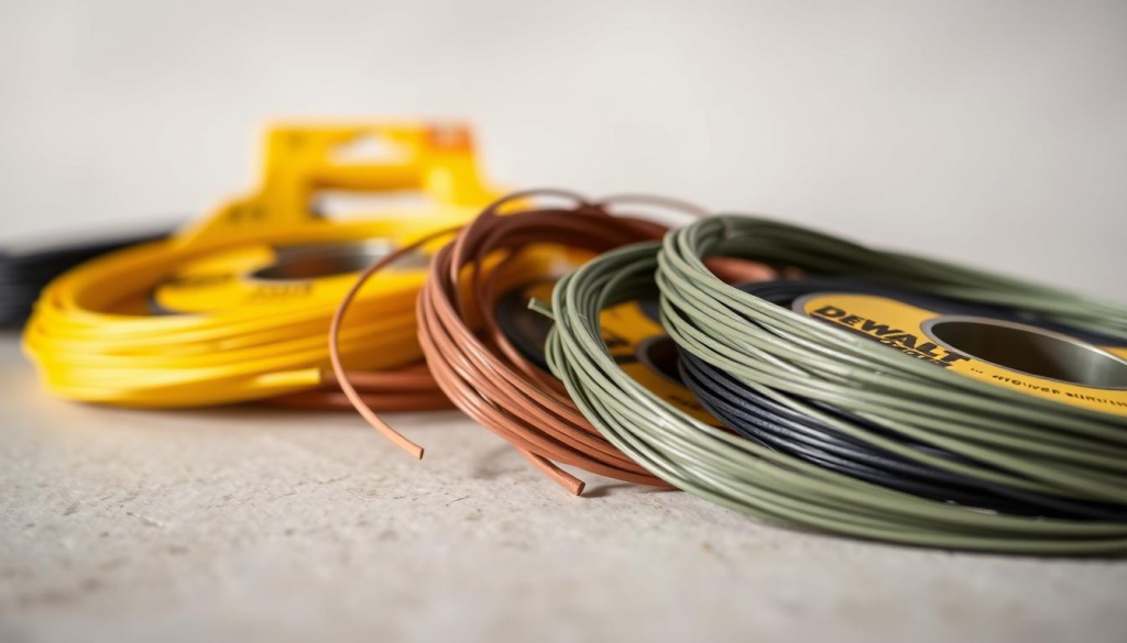A well-lit, high-resolution close-up image of various Dewalt weed eater string options, including different thicknesses, shapes, and colors, neatly arranged on a clean, neutral background. The strings should be in focus, with natural lighting that emphasizes their texture and quality. The composition should be balanced and visually appealing, highlighting the diversity of Dewalt's string offerings. The overall mood should convey a sense of professionalism, durability, and reliability, reflecting the high-quality nature of the Dewalt brand.