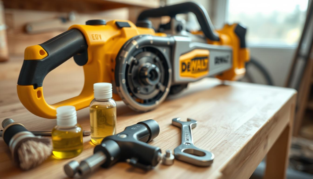 A well-lit, high-resolution close-up of a DEWALT 20V pole saw undergoing routine maintenance. The saw is placed on a clean, wooden workbench, the blade and bar gleaming under soft, diffused lighting. In the foreground, a set of specialized tools - a brush, lubricating oil, and a wrench - are carefully arranged, ready to assist in the maintenance process. The middle ground showcases the saw's intricate mechanisms, inviting the viewer to inspect the inner workings. The background subtly blurs, keeping the focus on the task at hand and the saw's robust, industrial design. An atmosphere of diligence and care pervades the scene, reflecting the importance of proper maintenance for the longevity of this powerful outdoor tool.