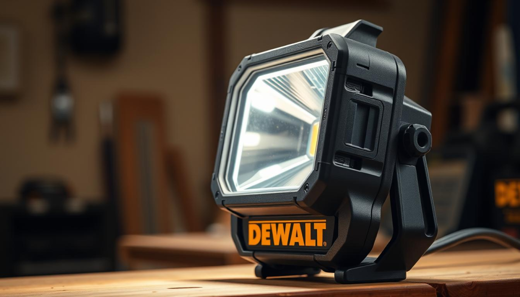 A well-lit, high-resolution close-up of a DEWALT construction work light. The light is positioned on a workbench, casting a warm, focused beam across the frame. The body of the light is made of sturdy, matte black metal, with a transparent glass lens and bold DEWALT branding. The light's control panel is visible, showcasing its various settings and features. The background is softly blurred, emphasizing the light itself. The overall mood is professional, practical, and inspiring confidence in the product's quality and performance.