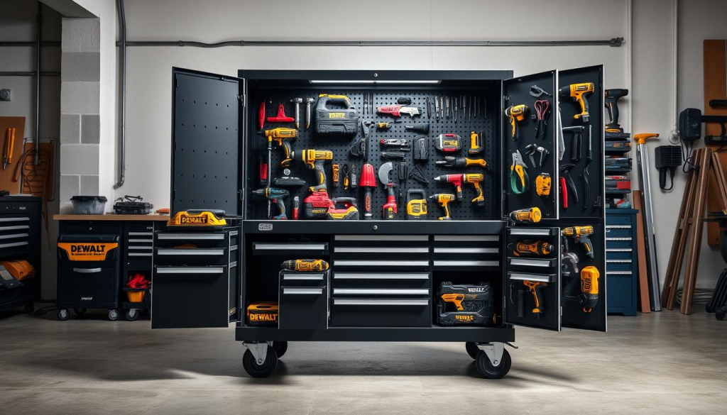 A well-lit, high-resolution close-up of a DEWALT tool cabinet with various drawers and compartments open, showcasing an array of power tools, hand tools, and accessories arranged in an organized and visually appealing manner. The cabinet is positioned in a professional workshop setting, with a clean, clutter-free background that emphasizes the cabinet's versatility and functionality. The lighting casts subtle shadows, highlighting the cabinet's sturdy construction and the diverse range of tools it can accommodate. The overall composition conveys a sense of efficiency, durability, and the cabinet's ability to streamline and optimize the user's workflow on the jobsite.