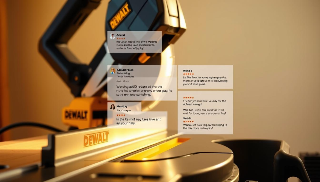 A well-lit, high-resolution close-up of a DEWALT track saw with various customer reviews and testimonials displayed on the screen or surface of the device. The saw is positioned prominently in the foreground, with a clean, minimalist background that allows the product and reviews to be the focal point. The lighting is warm and natural, creating a sense of quality and professionalism. The angle showcases the sleek design and precision engineering of the DEWALT track saw, while the customer reviews in the middle ground provide authentic, relatable feedback on the product's performance and features. The overall mood is one of trust, credibility, and the confidence that the DEWALT track saw can elevate any woodworking project.