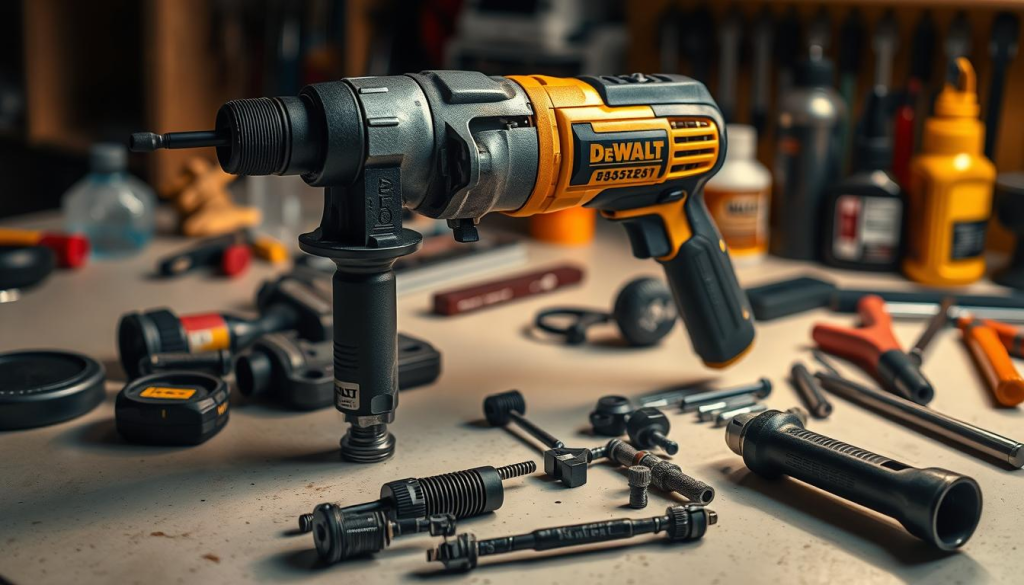 A well-lit, high-resolution close-up of a DeWalt mag drill being meticulously maintained. The drill is disassembled, its components laid out on a clean, organized workbench. The scene exudes a sense of precision and care, with various tools and lubricants neatly arranged nearby. Warm lighting casts subtle shadows, highlighting the intricate details of the drill's inner workings. The background is slightly blurred, keeping the focus on the careful maintenance process. An atmosphere of professionalism and attention to detail pervades the image, reflecting the importance of proper care for the longevity of this specialized power tool.