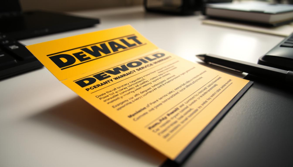 A well-lit, high-resolution close-up of a Dewalt power tool warranty service card, placed on a clean, minimalist desk surface. The card displays the Dewalt logo prominently, along with clear instructions and details about the company's warranty coverage and repair policies. The image conveys a sense of professionalism, reliability, and customer-centric service, reflecting the Dewalt brand's reputation for quality and trust.